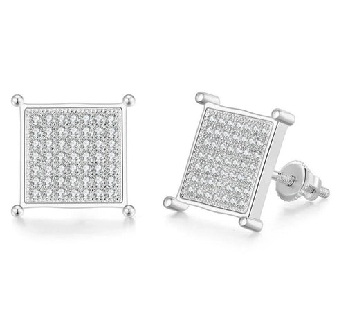 Micro Pave Flat Square 14K White Gold Plated Cubic Zircon Men Women Stud Earring